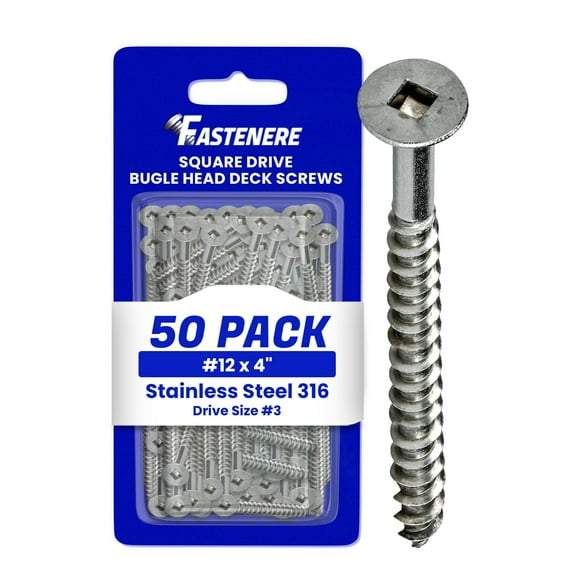 Fastenere Stainless Steel Deck Screws -316 Marine Grade #12 x 4" (50 Pack) Flat Head Square Drive Wood Cutting Point for Exterior, Wood, Decking, Cabinet, Fence, Trailer, Composite Type 17 Point