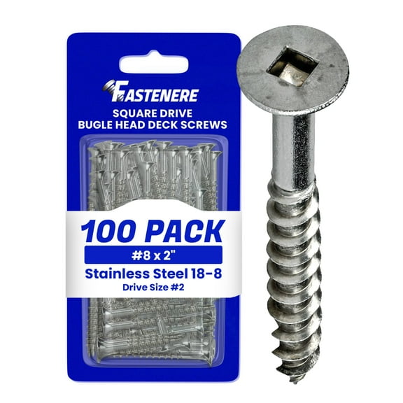 Fastenere Stainless Steel Deck Screws -316 Marine Grade #8 x 2" (100 Pack) Flat Head Square Drive Wood Cutting Point for Exterior, Wood, Decking, Cabinet, Fence, Trailer, Composite Type 17 Point
