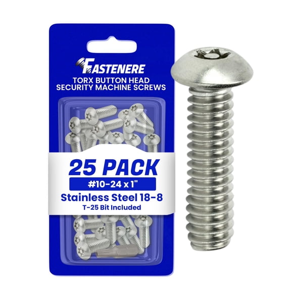 Fastenere Torx Security Machine Screws - 10-24 x 1" (25-Pack) Stainless Steel, Tamper-Resistant, Button Head Screws, Bolt Screw for Higher Level of Safety & Theft Prevention