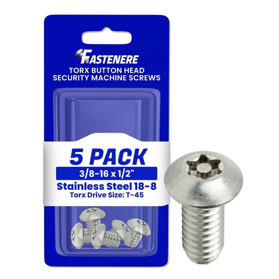 Fastenere Torx Security Machine Screws - 3/8-16 x 1/2" (5-Pack) Stainless Steel, Tamper-Resistant, Button Head Screws, Bolt Screw for Higher Level of Safety & Theft Prevention