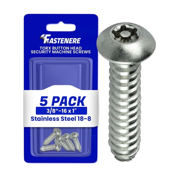 Fastenere Torx Security Machine Screws - 3/8-16 x 1" (5-Pack) Stainless Steel, Tamper-Resistant, Button Head Screws, Bolt Screw for Higher Level of Safety & Theft Prevention