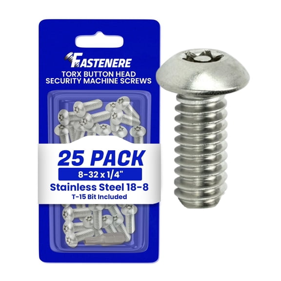 Fastenere Torx Security Machine Screws - 8-32 x 1/4" (25-Pack) Stainless Steel, Tamper-Resistant, Button Head Screws, Bolt Screw for Higher Level of Safety & Theft Prevention