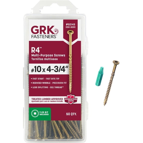 Fasteners R4 #10 x 4-3/4 Inch, Multi-Purpose Framing Screws, 50 PCS, Rust Resistant Climatek Coating, Outdoor Fencing and Deck Screws, Fast Bite Tip, Star Drive Recess, T-25 Bit Included, Gold