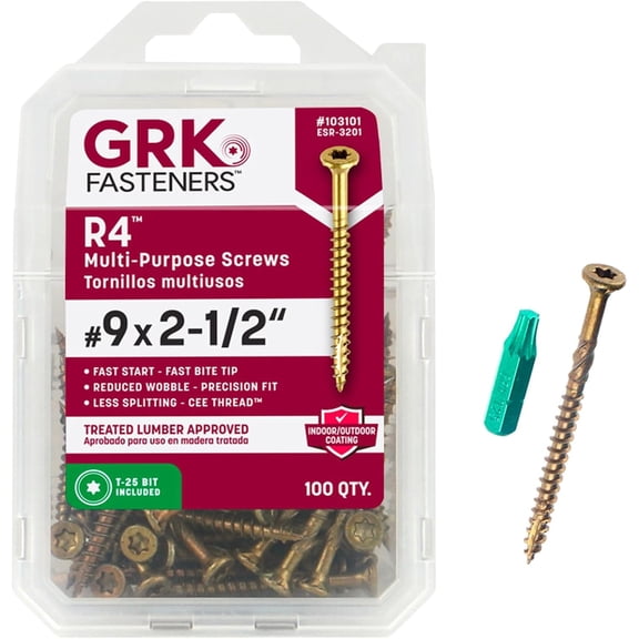 Fasteners R4 #9 x 2-1/2 Inch, Multi-Purpose Framing Screws, 100 PCS, Rust Resistant Climatek Coating, Outdoor Deck Screws, Fast Bite Tip, Star Drive Recess, T-25 Bit Included, Gold
