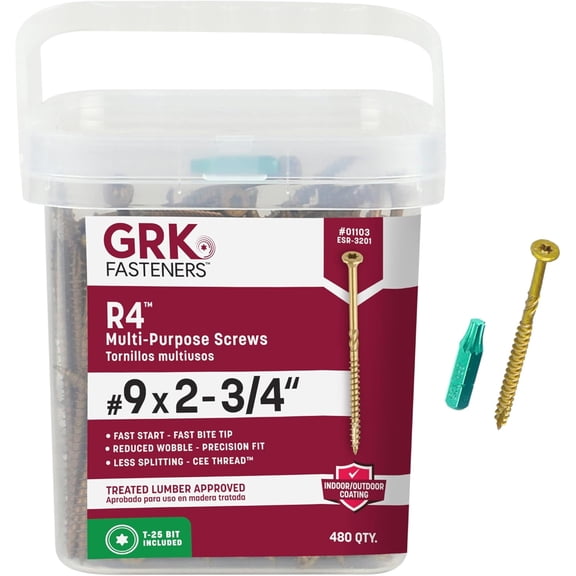 Fasteners R4#9 x 2-3/4 Inch, Multi-Purpose Framing Screws, 480 PCS, Rust Resistant Climatek Coating, Outdoor Fencing and Deck Screws, Fast Bite Tip, Star Drive Recess, T-25 Bit Included, Gold