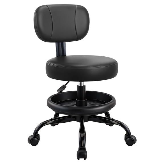 Fastes Rolling Shop Stool with Wheels, Garage Mechanic Rolling Stool Chair with Backrest, Heavy Duty Swivel Task Chair Adjustable Footrest with Storage Tray for Workshop Salon, Black