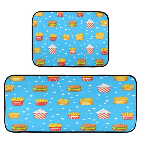 Fastfood Pattern Design 2-Piece Kitchen Carpet Mat Set, Non-Slip Memory Foam, Soft for Kitchen and Living Room Use
