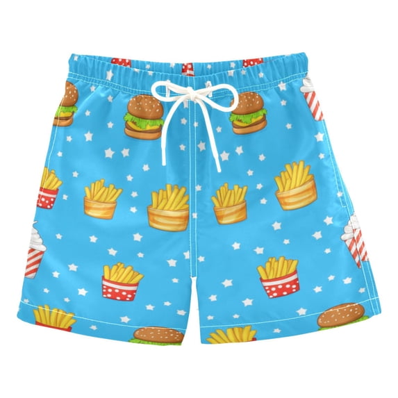 Fastfood Pattern Design Swim Trunks Quick Dry Beach Pool Board Shorts Lightweight Stylish Print Sizes 2T to XL