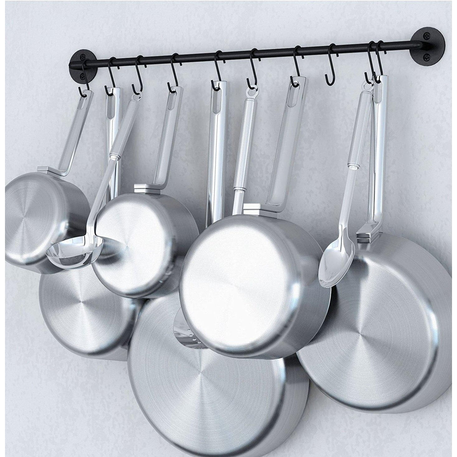 Black Steel 24-Inch Wall Rail with 10 S Hooks Kitchen Organizer