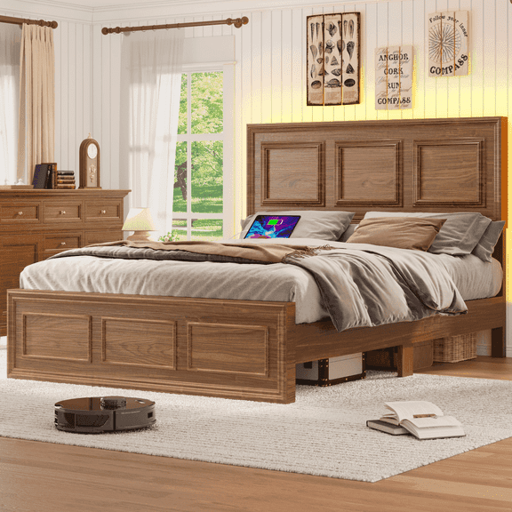 Fastroby Full Platform Bed Frame Wood with LED Headboard & Charging Ports, No Box Spring Required
