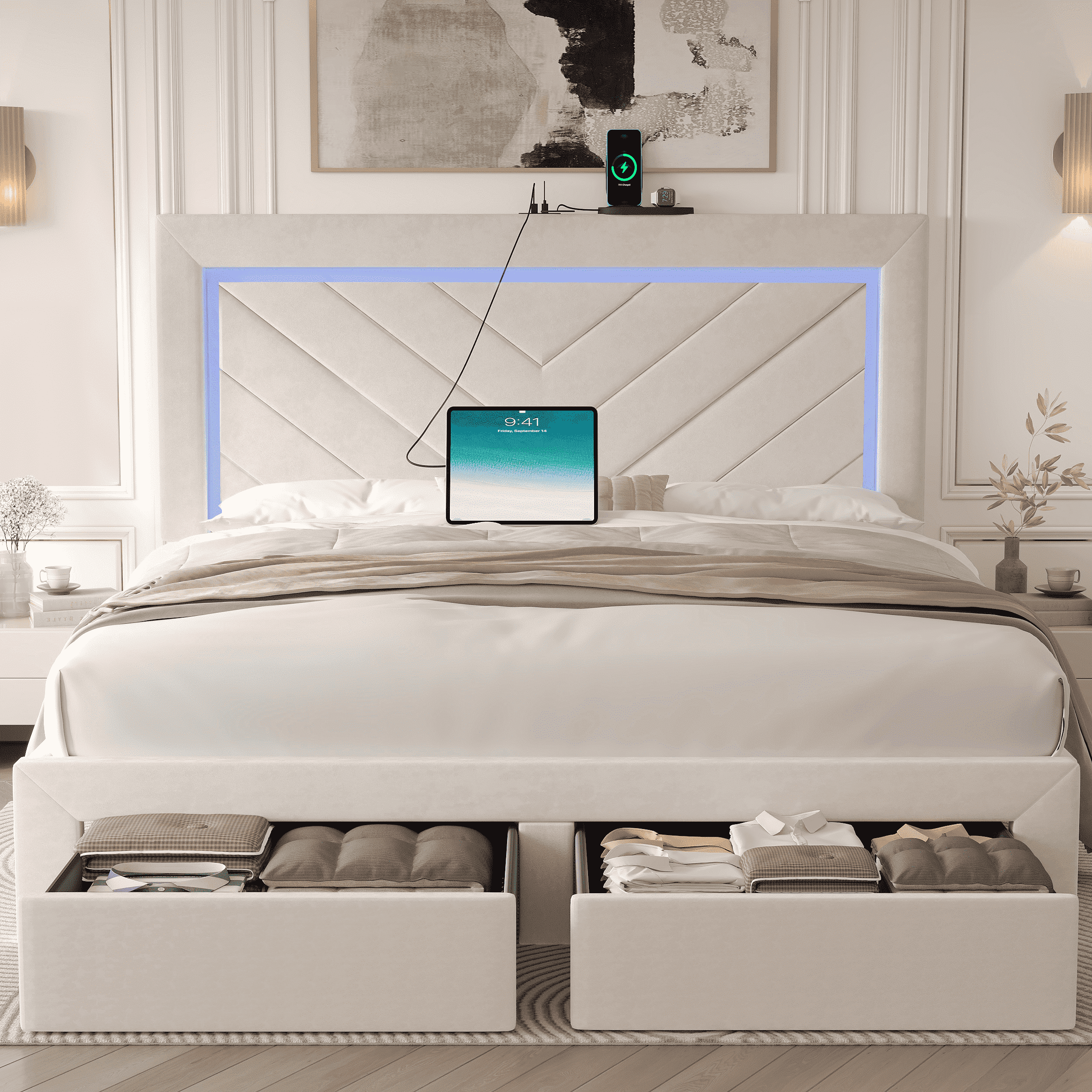 Fastroby Full Upholstered Bed Frame with LED Headboard & Storage Drawer, No Box Spring Required