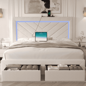 Fastroby Full Upholstered Bed Frame with LED Headboard & Storage Drawer, No Box Spring Required
