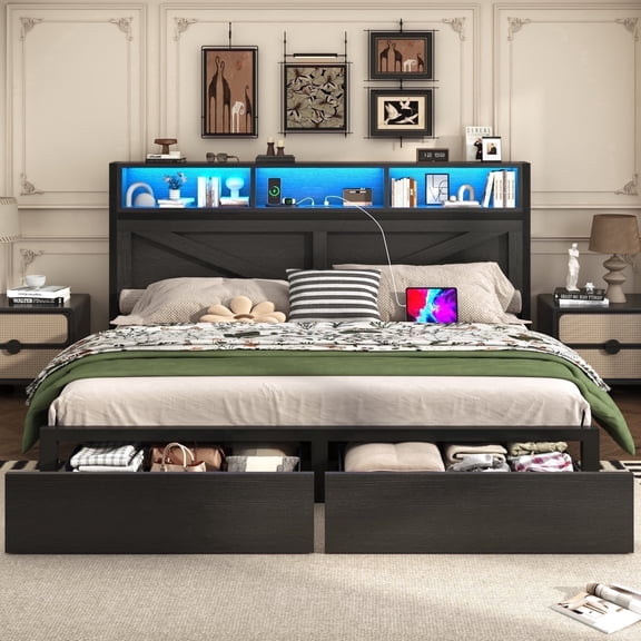 Fastroby King Bed Frame with Storage Headboard & Drawers, Farmhouse Style, No Box Spring Needed, Black
