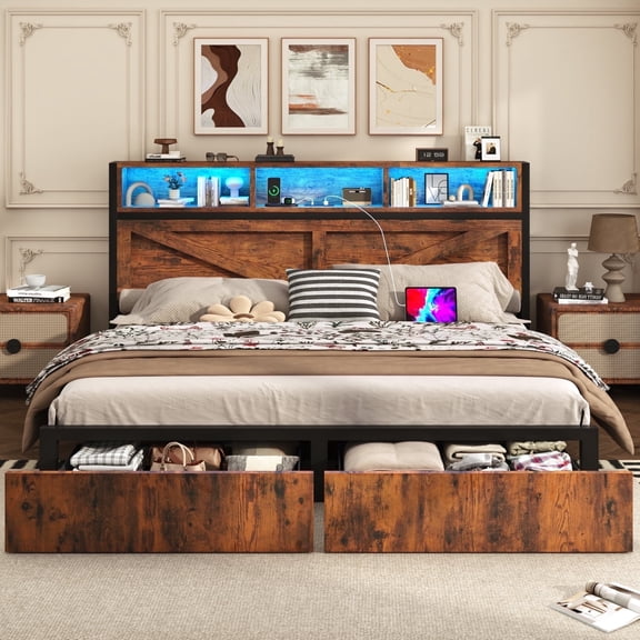 Fastroby King Bed Frame with Storage Headboard & Drawers, Farmhouse Style, No Box Spring Needed, Brown