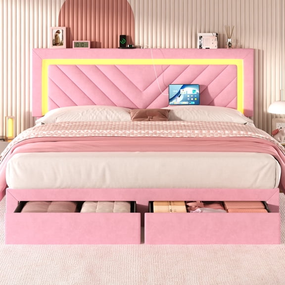 Fastroby King Tufted Bed Frame with LED Adjustable Headboard & Storage Drawer, No Box Spring Required