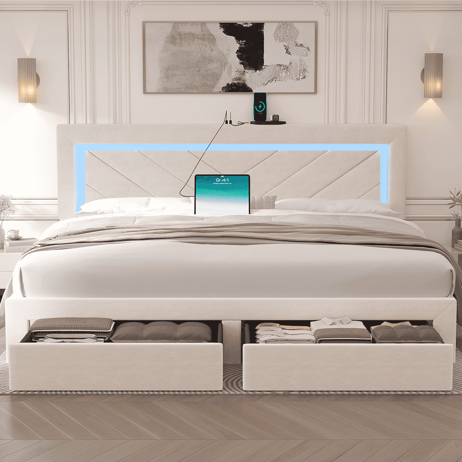 Fastroby King Upholstered Bed Frame with LED Headboard & Storage Drawer, No Box Spring Required