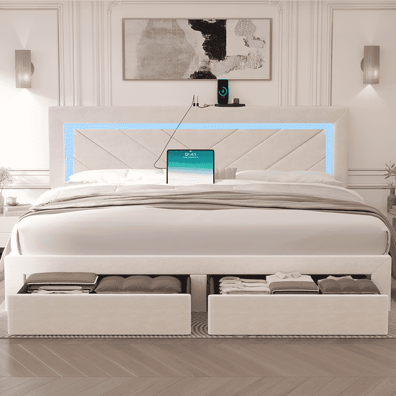 Fastroby King Upholstered Bed Frame with LED Headboard & Storage Drawer, No Box Spring Required