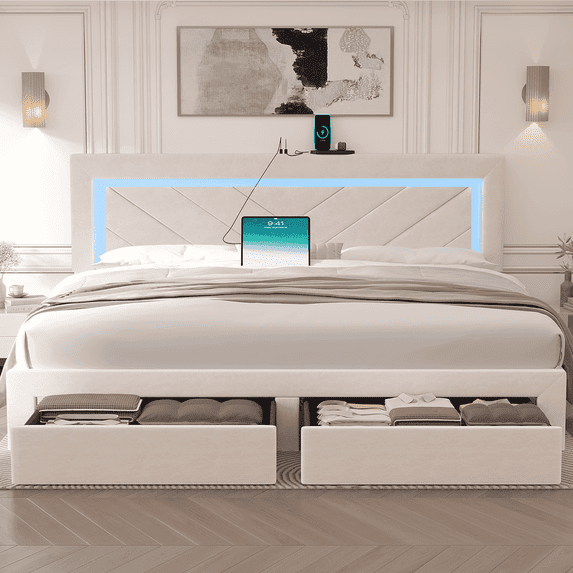 Fastroby King Upholstered Bed Frame with LED Headboard & Storage Drawer, No Box Spring Required