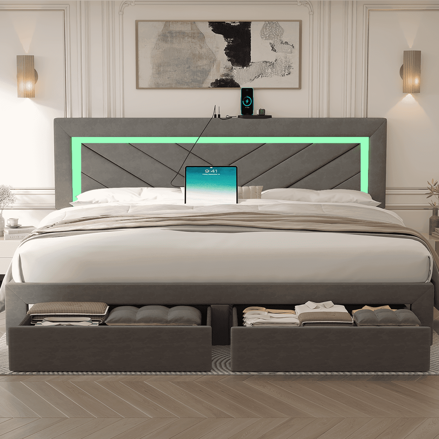 Fastroby King Upholstered Bed Frame with LED Headboard & Storage Drawer ...