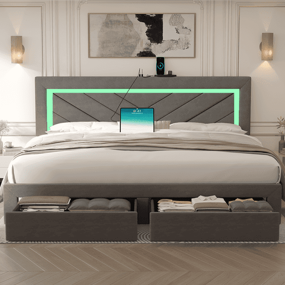 Fastroby King Upholstered Bed Frame with LED Headboard & Storage Drawer, No Box Spring Required