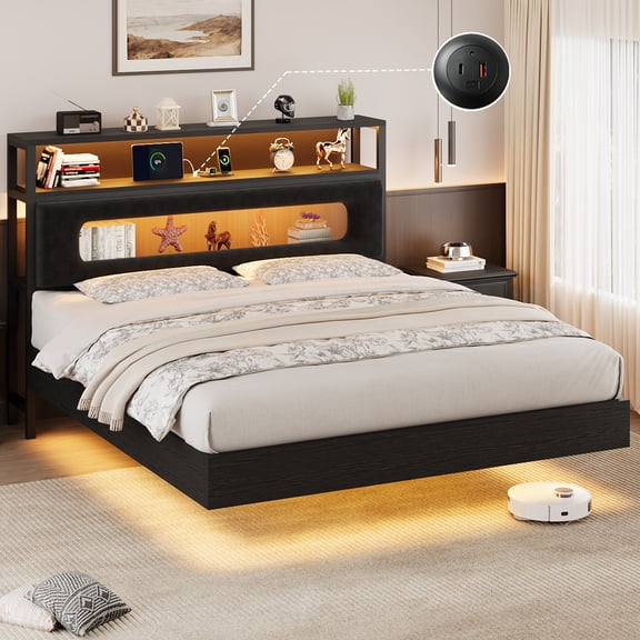 Fastroby Queen Size LED Floating Bed Frame with Usb Port and Storage Headboard, Black