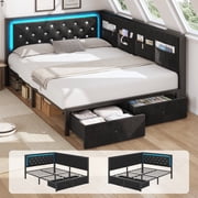 Fastroby Queen Corner Bed Frame with Velvet Headboard, 2 Storage Drawers, LED Lights, 4 Storage Pockets, Black Platform Bed Frame