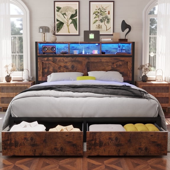 Fastroby Queen Bed Frame with Storage Headboard & Drawers, Farmhouse Style, No Box Spring Needed, Brown