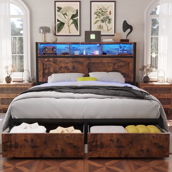 Fastroby Queen Bed Frame with Storage Headboard & Drawers, Farmhouse Style, No Box Spring Needed, Brown