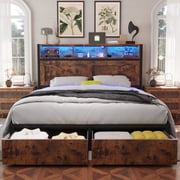 Fastroby Queen Bed Frame with Storage Headboard & Drawers, Farmhouse Style, No Box Spring Needed, Brown