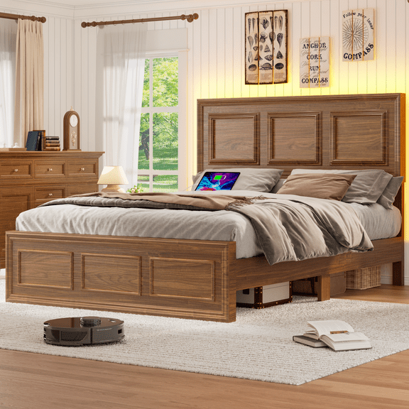 Fastroby Queen Platform Bed Frame Wood with LED Headboard & Charging Ports, No Box Spring Required