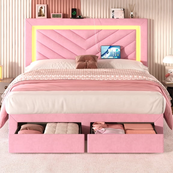 Fastroby Queen Tufted Bed Frame with LED Adjustable Headboard & Storage Drawer, No Box Spring Required