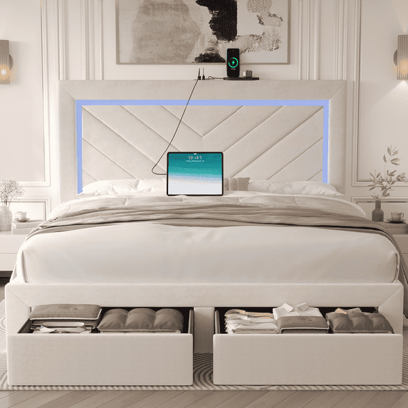 Fastroby Queen Upholstered Bed Frame with LED Headboard & Storage Drawer, No Box Spring Required
