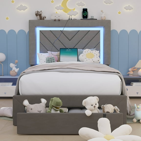 Fastroby Twin Upholstered Bed Frame with LED Headboard & Storage Drawer, No Box Spring Required
