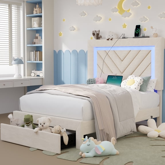 Fastroby Twin Upholstered Bed Frame with LED Headboard & Storage Drawer, No Box Spring Required