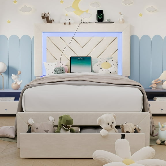 Fastroby Twin Upholstered Bed Frame with LED Headboard & Storage Drawer, No Box Spring Required