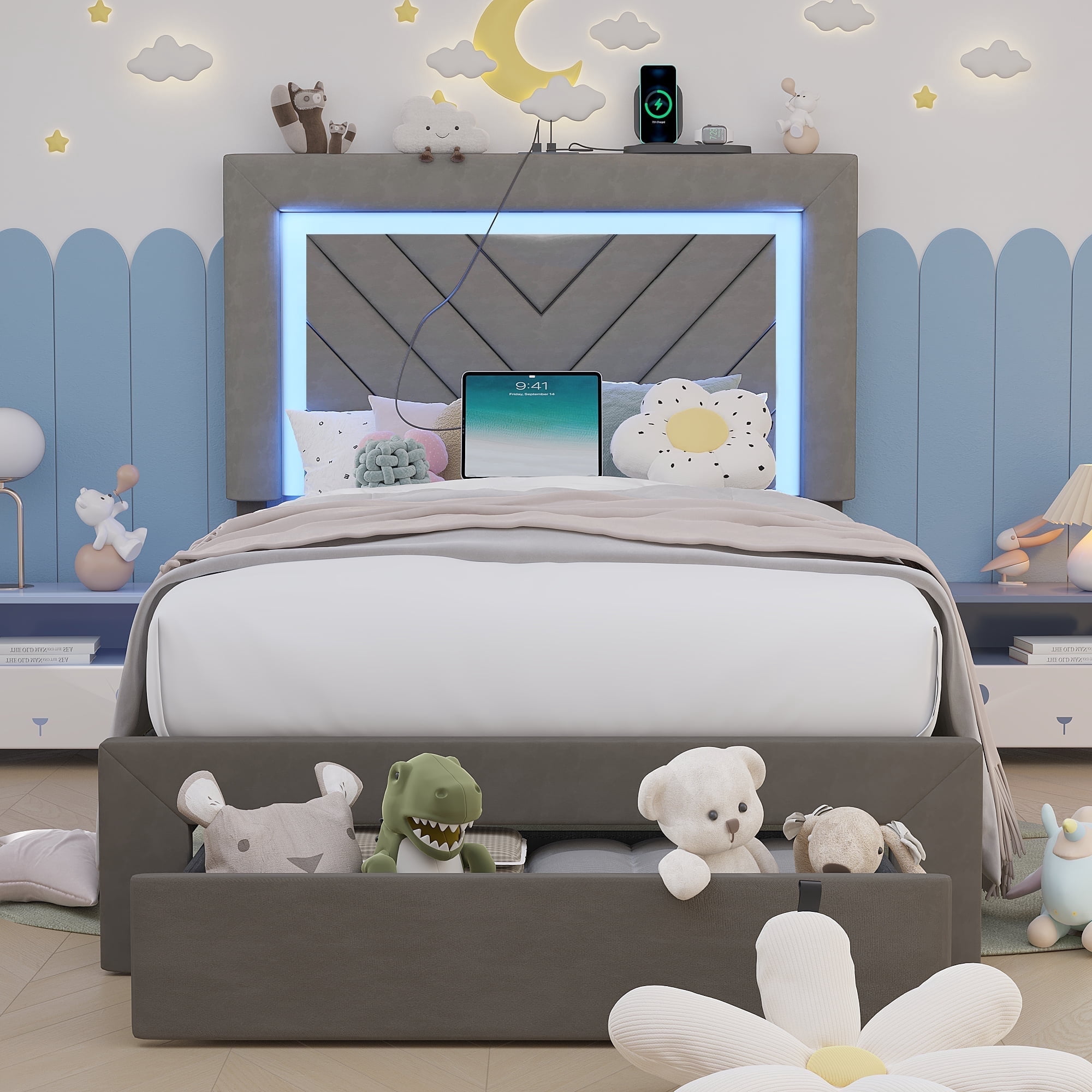 Fastroby Twin Upholstered Bed Frame with LED Headboard & Storage Drawer, No Box Spring Required