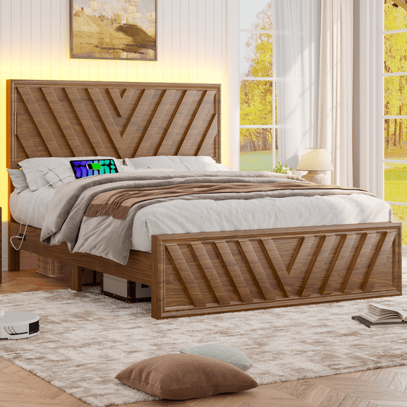 Fastroby Wood Full Bed Frame Wood with LED Headboard & Charging Ports, No Box Spring Required