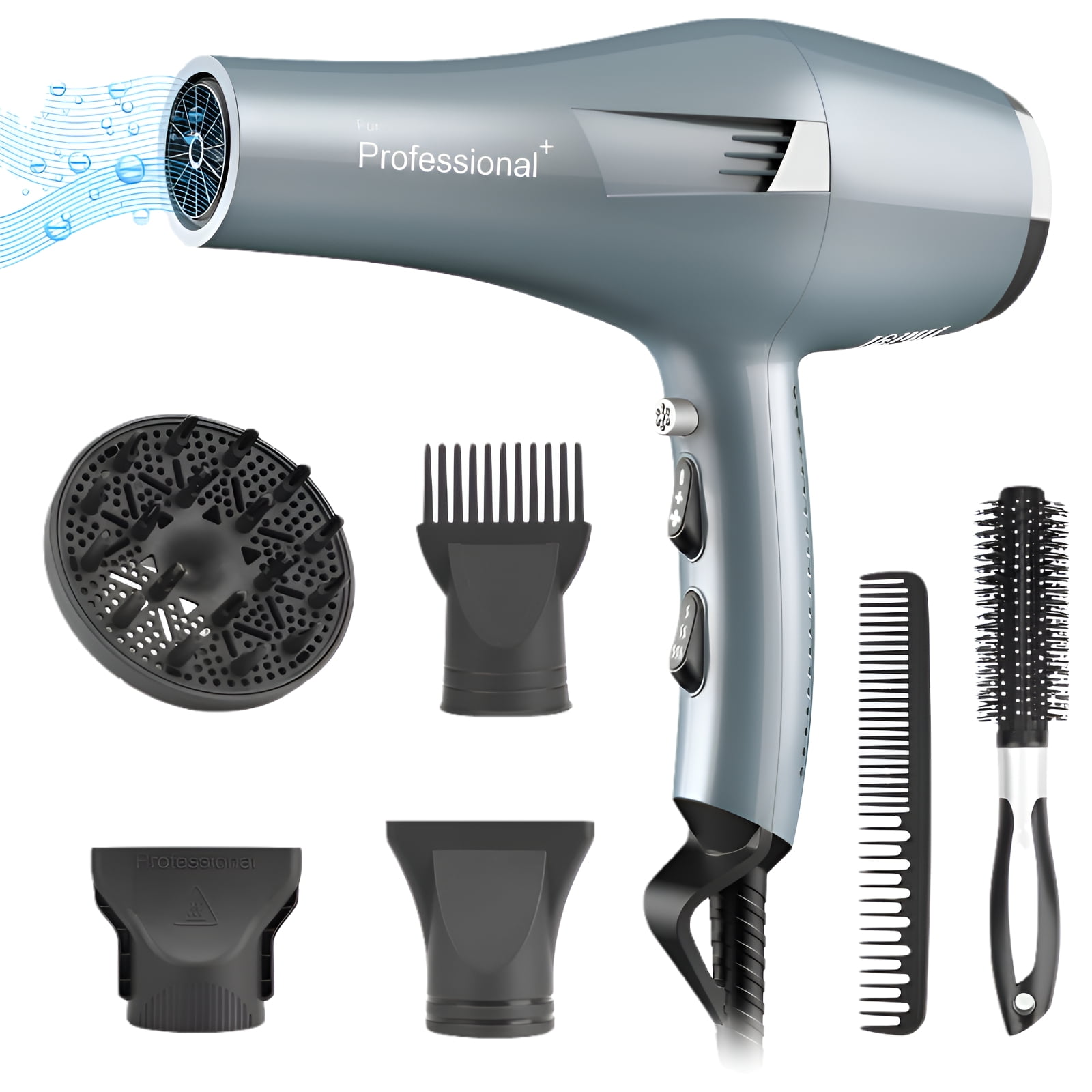 Faszin Ionic Salon Hair Dryer, Professional Blow Dryer 2200W AC Motor Fast Drying with 2 Speed, 3 Heat Setting, Cool Button, with Diffuser, Nozzle, Concentrator Comb for Curly & Straight Hair-Blue