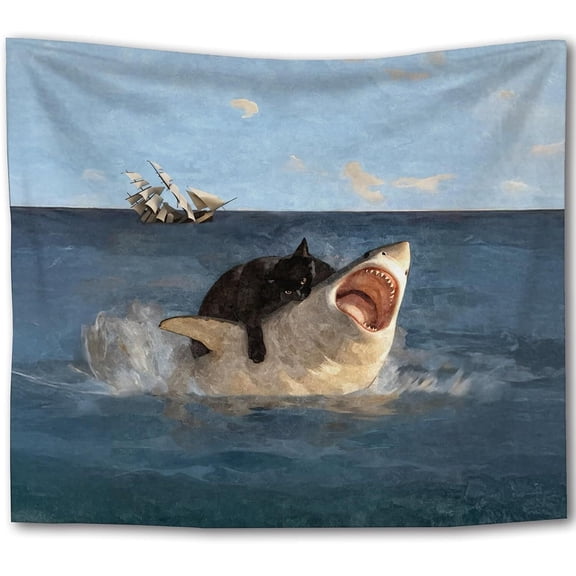 Fat Black Cat vs. Shark Tapestry, Vintage Renaissance Funny Cat Meme Tapestry Wall Hanging, Nautical Ocean Shark Wall Tapestries for Bedroom Living Room Home Decor, 30x40 Inch