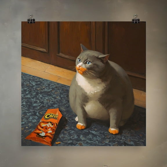 Fat Cat Eats Cheetos And Experiences Existential Dread Meme Art Re-imagined In Renaissance Painting Style On Premium Matte Paper Poster, Poster Only