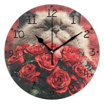 Fat Cat and Flowers Round Wall Clock Silent Battery Operated Home Decor for Living Room Bedroom