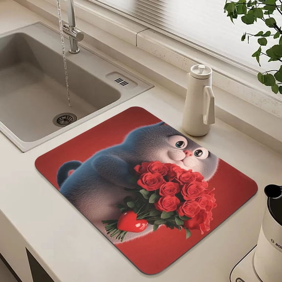 Fat Cat and Rose Dish Drying Mat for Kitchen Counter Absorbent Drainer Mats (15.7X11.8inch)