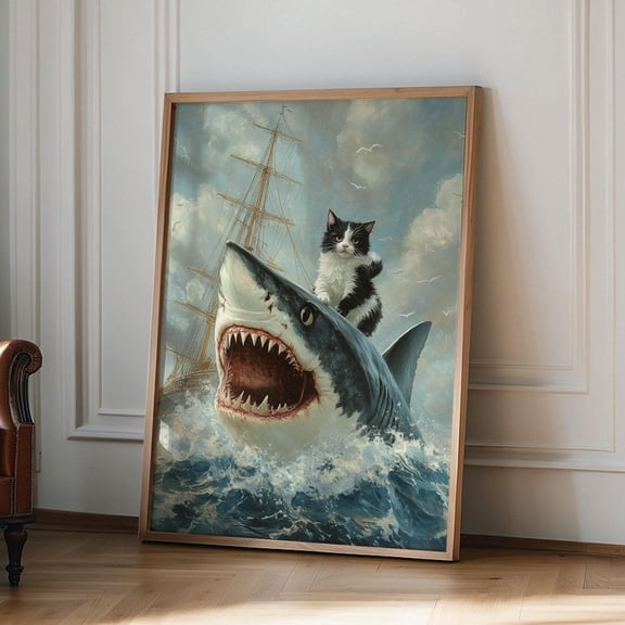 Fat Cat and Shark funny Meme Art print Renaissance Painting Style Modern Poster Art trendy