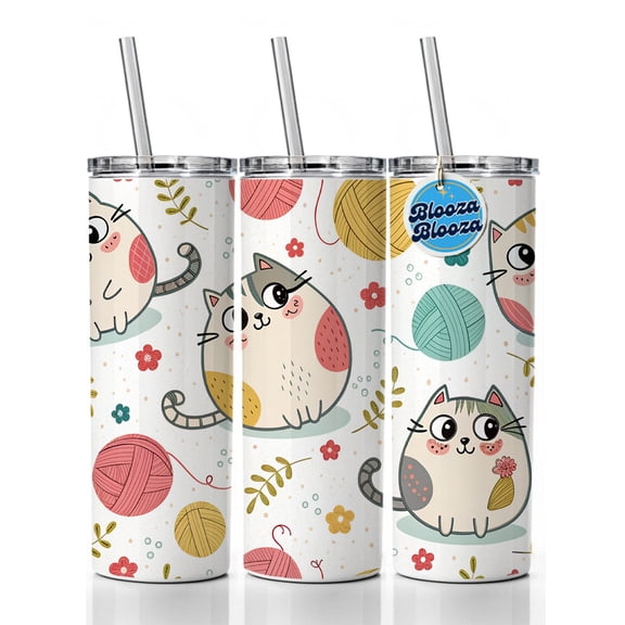 Fat Cats And Yarn Knitting Crochet 20oz Insulated Water Bottle Skinny Tumbler Includes Straw