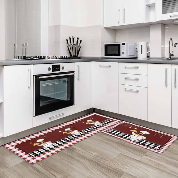 Fat Chef 2 Pieces Non-Slip Kitchen Mat Set Red Gourmet Kitchen Red Black Buffalo Plaid Soft Door Mat with Rubber Backing,Dirtproof Rugs for Entrance Doorway 19.7x31.5in+19.7x47.2in