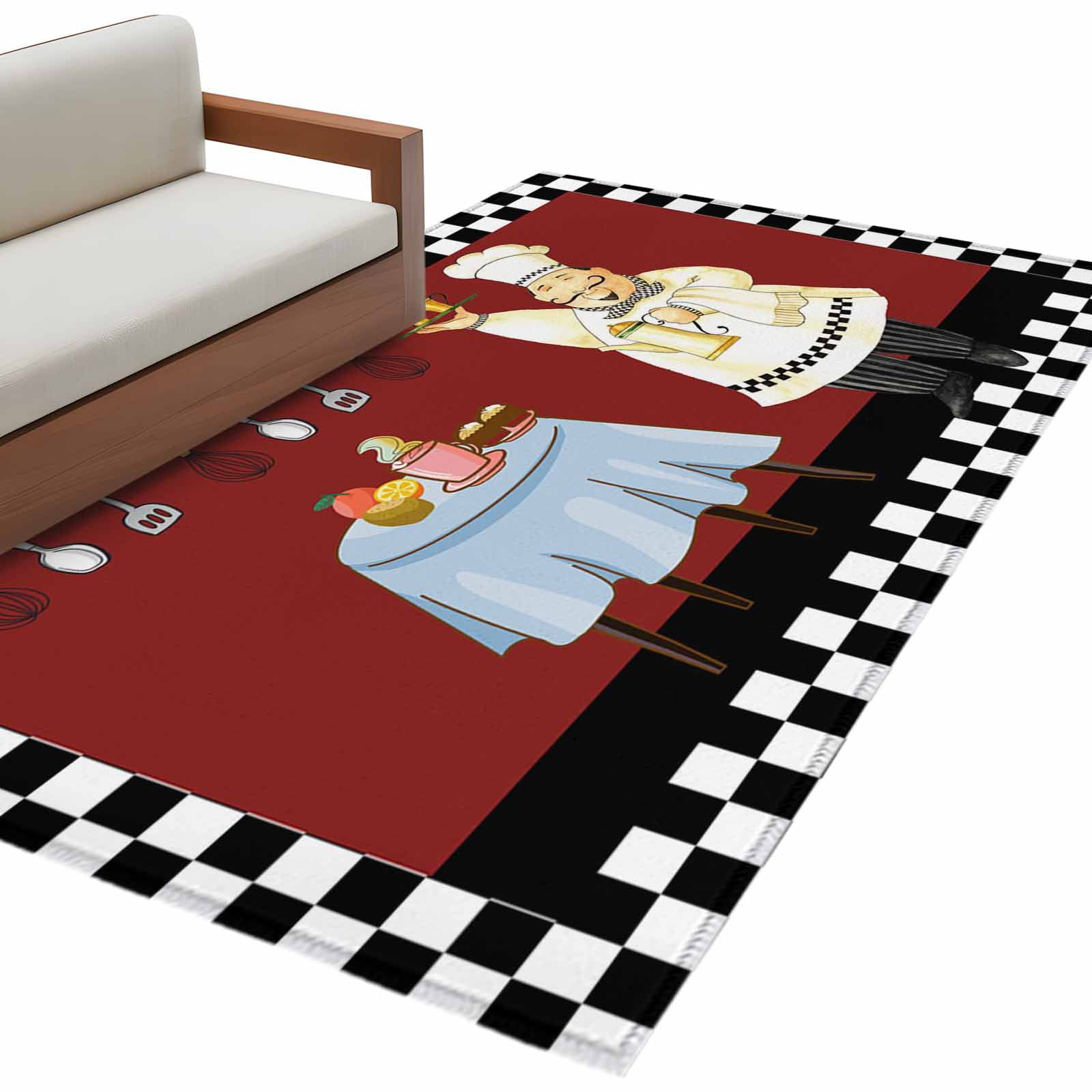 Fat Chef 3'x5' Washable Rug, Black White Checkered Farmhouse Red ...