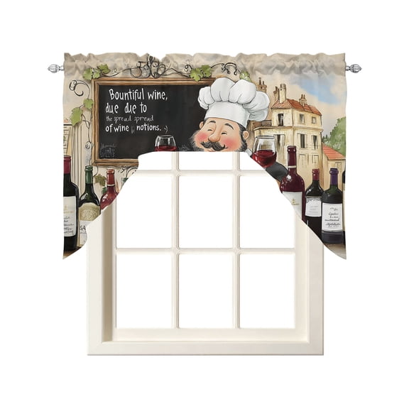 Fat Chef Country Swag Curtains for Kitchen Farmhouse Manor Gourmet Wine Valances for Windows Rod Pocket Small Window Treatment Short Topper for Cafe Bedroom Bathroom Living Room Decor 56x36 Inch