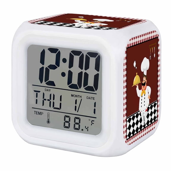 Fat Chef Digital Alarm Clock for Bedrooms, Smart LED Alarm Clock with 7 Color Changing Night Light, Red Gourmet Kitchen Red Black Buffalo Plaid Silent Wake Up Clocks for Sleep Study Cooking 3.2"x3.2"