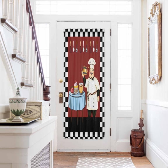 Fat Chef Door Curtains for Door Window, French Sidelight Front Back Door Curtains With Tieback, Black White Checkered Farmhouse Red Kitchen Cook Kitchen Rod Pocket Drapes Panel, 25"x72"
