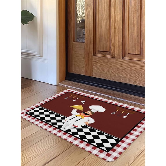 Fat Chef Door Mat Indoor Outdoor Entrance,Non Slip Small Rug for Kitchen Bathroom Entryway Rug,Red Gourmet Kitchen Red Black Buffalo Plaid Washable Doormat Floor Mat 16x24 Inch